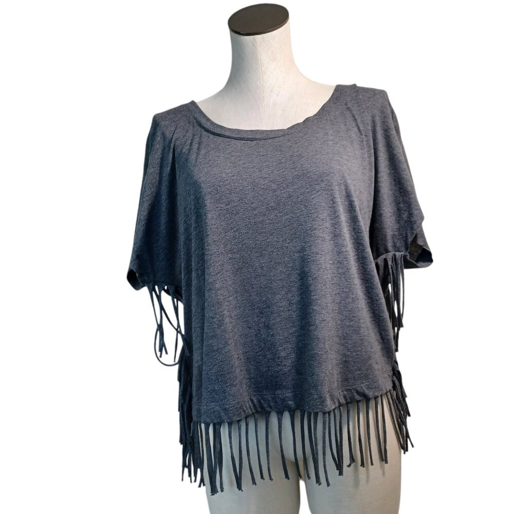 Haute Hippie Womens Fringe T-Shirt Charcoal Grey Boho Tassel Scoop Neck Small